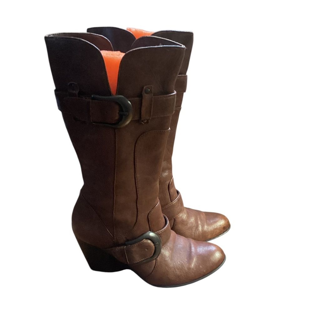 Born Yolanda Bay Brown Mid-Calf Leather Buckle Heeled Boots Size 8.5 [40]